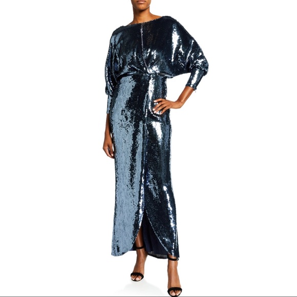 NEW W TAG AIDAN MATTOX Sequin Blouson-Bodice Gown With Draped Back Silver Lake - Picture 2 of 3